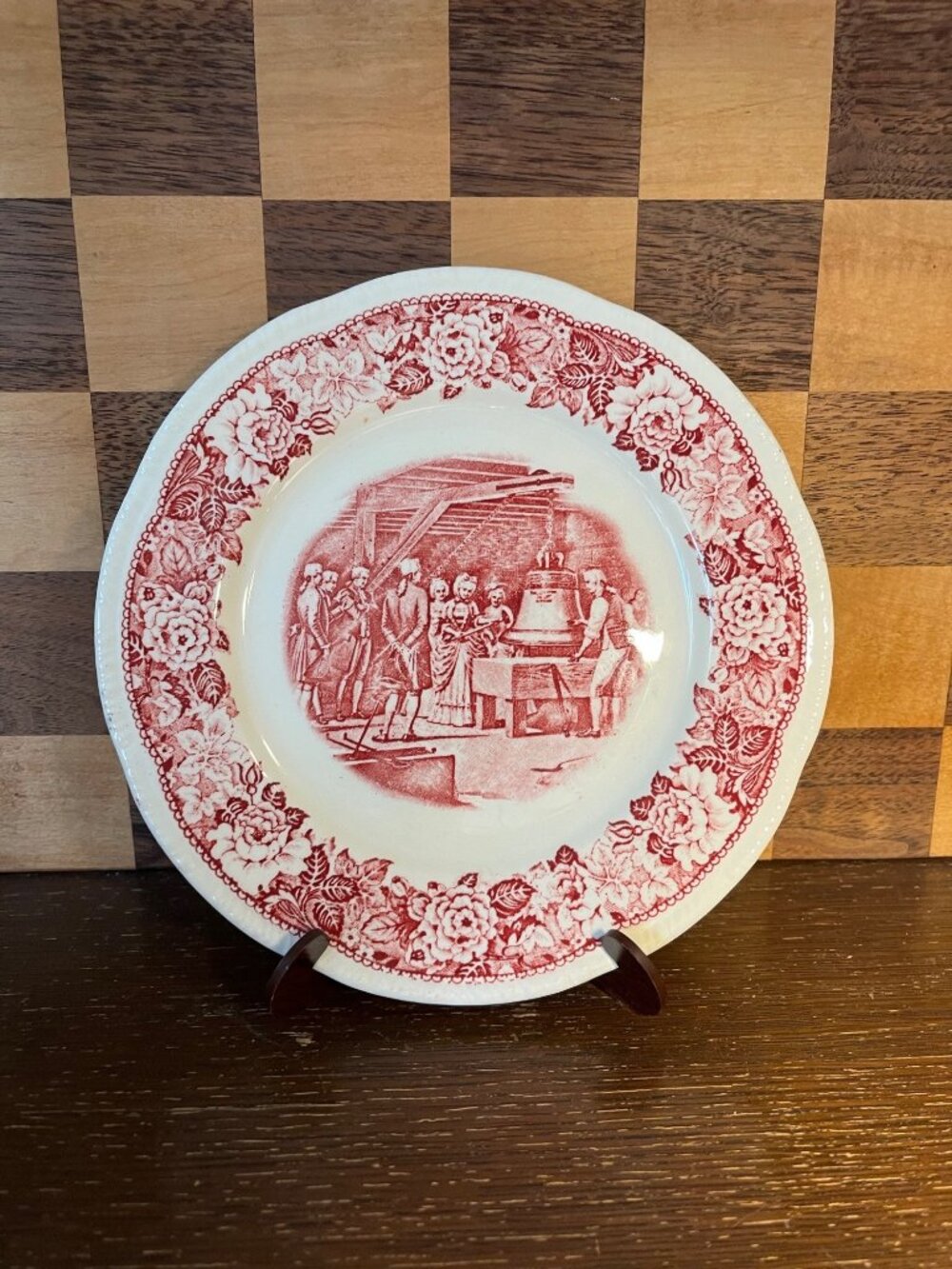 Liberty Bell Red Transferware Plate, small chip on back edge